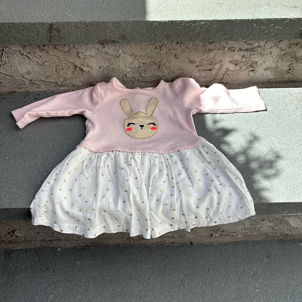 Gymboree Pink and Gold Glittery Babydoll Bunny Dress SiZe 6 -12 Mo